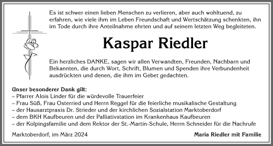 Traueranzeige von Kaspar Riedler von Allgäuer Zeitung, Marktoberdorf