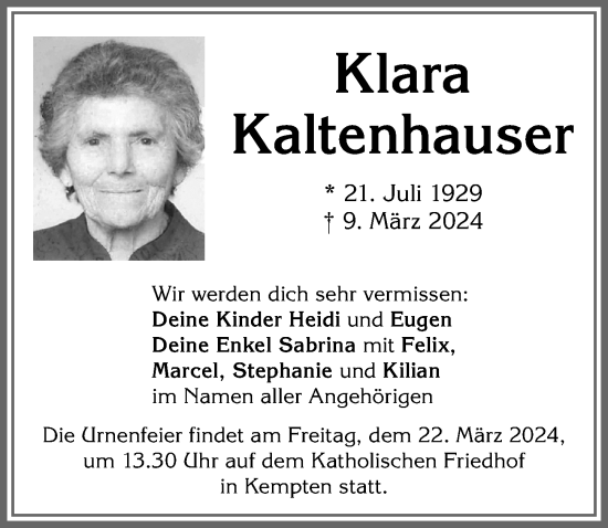 Traueranzeige von Klara Kaltenhauser von Allgäuer Zeitung,Kempten