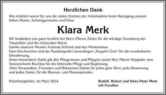 Traueranzeige von Klara Merk von Allgäuer Zeitung, Kaufbeuren/Buchloe