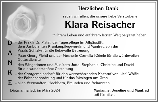 Traueranzeige von Klara Reisacher von Allgäuer Zeitung,Kempten