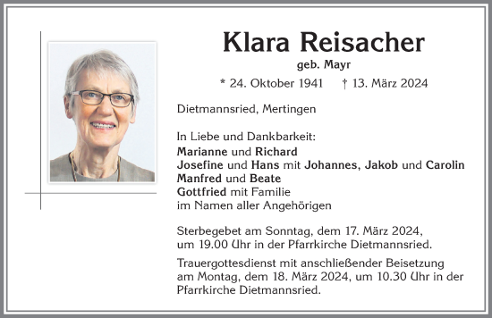 Traueranzeige von Klara Reisacher von Allgäuer Zeitung,Kempten