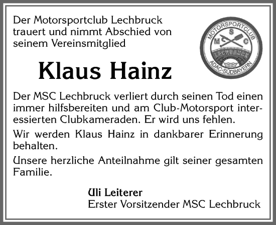 Traueranzeige von Klaus Hainz von Allgäuer Zeitung, Füssen