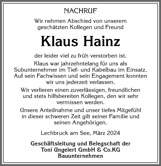Traueranzeige von Klaus Hainz von Allgäuer Zeitung, Füssen