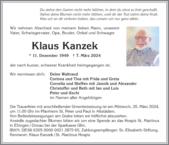 Traueranzeige von Klaus Kanzek von Allgäuer Anzeigeblatt