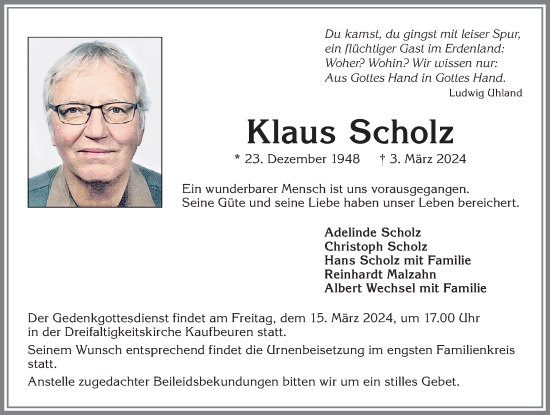 Traueranzeige von Klaus Scholz von Allgäuer Zeitung, Kaufbeuren/Buchloe