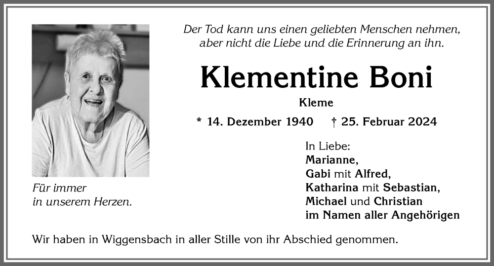 Traueranzeige für Klementine Boni vom 09.03.2024 aus Allgäuer Zeitung,Kempten