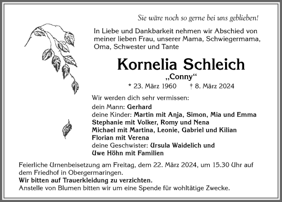 Traueranzeige von Kornelia Schleich von Allgäuer Zeitung, Kaufbeuren/Buchloe