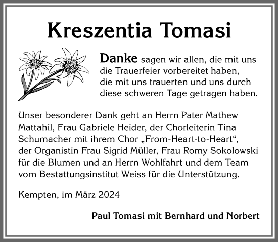 Traueranzeige von Kreszentia Tomasi von Allgäuer Zeitung,Kempten