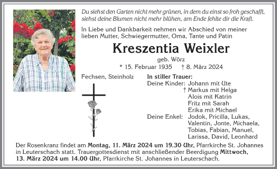 Traueranzeige von Kreszentia Weixler von Allgäuer Zeitung, Marktoberdorf