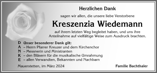 Traueranzeige von Kreszenzia Wiedemann von Allgäuer Zeitung, Kaufbeuren/Buchloe