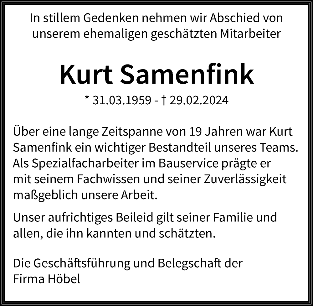  Traueranzeige für Kurt Samenfink vom 09.03.2024 aus Allgäuer Zeitung, Kaufbeuren/Buchloe
