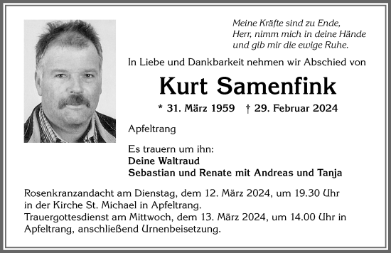 Traueranzeige von Kurt Samenfink von Allgäuer Zeitung, Marktoberdorf