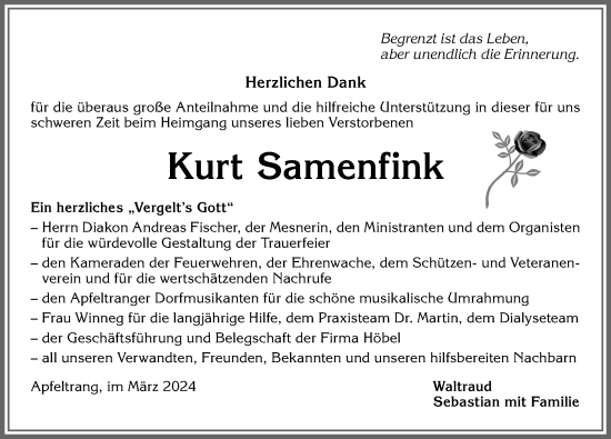 Traueranzeige von Kurt Samenfink von Allgäuer Zeitung, Marktoberdorf