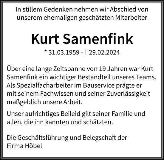 Traueranzeige von Kurt Samenfink von Allgäuer Zeitung, Kaufbeuren/Buchloe