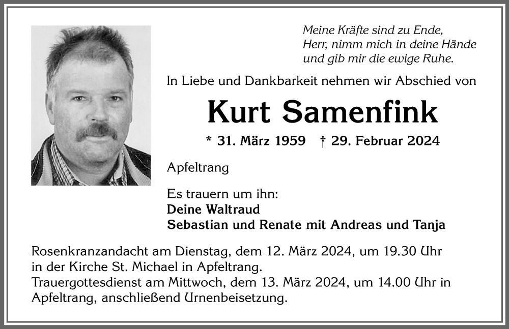  Traueranzeige für Kurt Samenfink vom 09.03.2024 aus Allgäuer Zeitung, Marktoberdorf