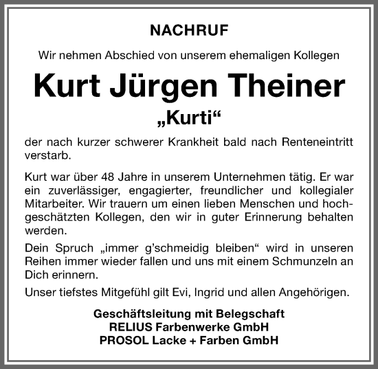 Traueranzeige von Kurt Jürgen Theiner von Memminger Zeitung