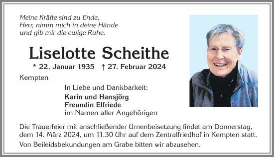 Traueranzeige von Liselotte Scheithe von Allgäuer Zeitung,Kempten