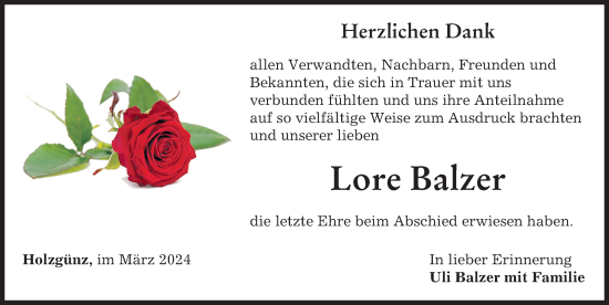 Traueranzeige von Lore Balzer von Memminger Zeitung