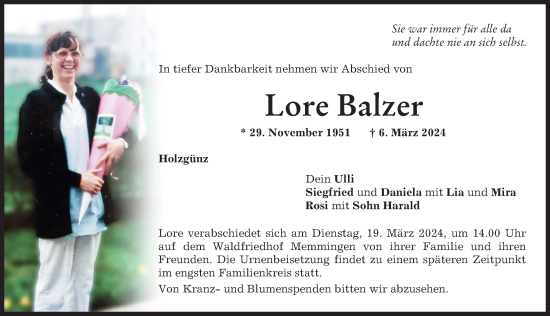 Traueranzeige von Lore Balzer von Memminger Zeitung