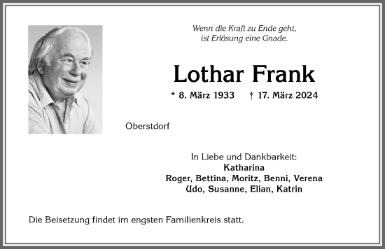 Traueranzeige von Lothar Frank von Allgäuer Anzeigeblatt