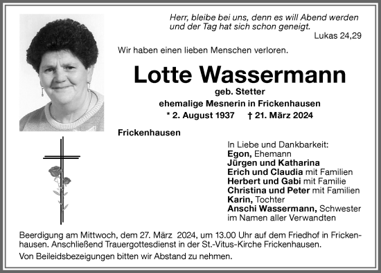 Traueranzeige von Lotte Wassermann von Memminger Zeitung