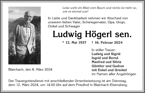 Traueranzeige von Ludwig Högerl von Allgäuer Anzeigeblatt