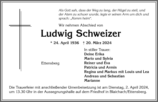 Traueranzeige von Ludwig Schweizer von Allgäuer Anzeigeblatt