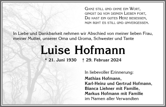 Traueranzeige von Luise Hofmann von Allgäuer Zeitung, Kaufbeuren/Buchloe