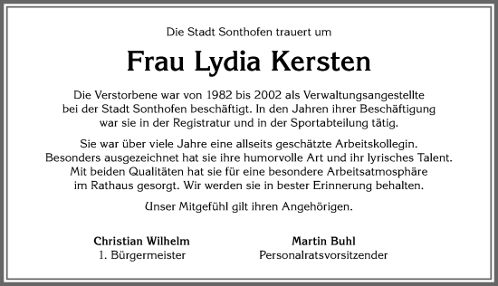 Traueranzeige von Lydia Kersten von Allgäuer Anzeigeblatt