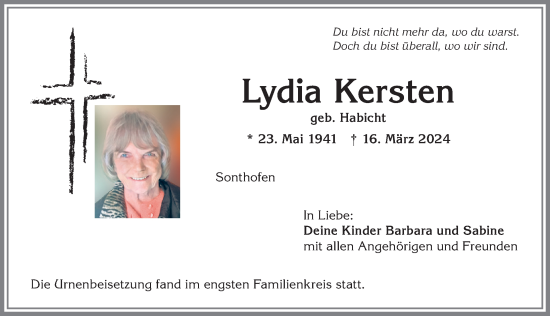 Traueranzeige von Lydia Kersten von Allgäuer Anzeigeblatt