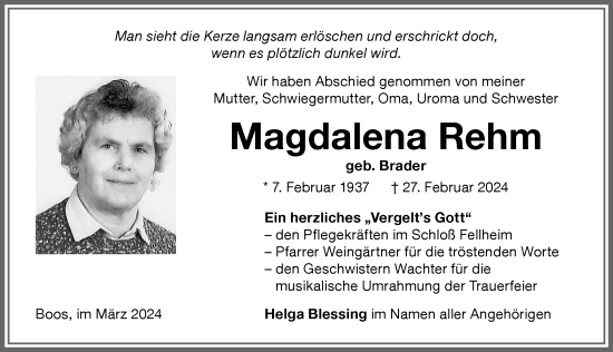 Traueranzeige von Magdalena Rehm von Memminger Zeitung