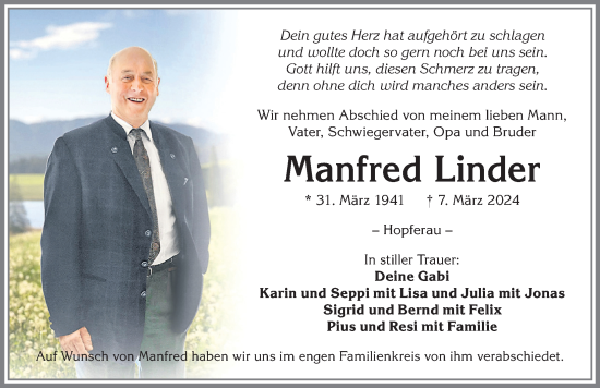 Traueranzeige von Manfred Linder von Allgäuer Zeitung, Füssen