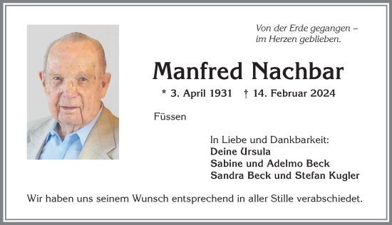 Traueranzeige von Manfred Nachbar von Allgäuer Zeitung, Füssen