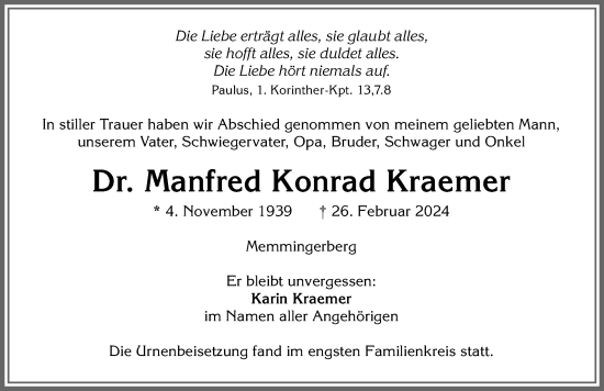 Traueranzeige von Manfred Konrad Kraemer von Memminger Zeitung