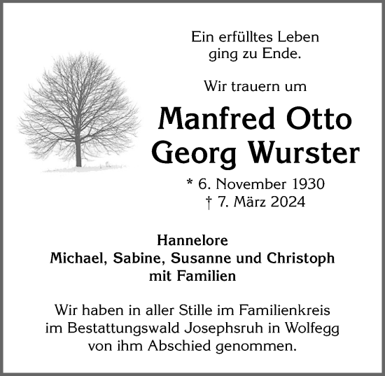 Traueranzeige von Manfred Otto Georg Wurster von Allgäuer Zeitung,Kempten