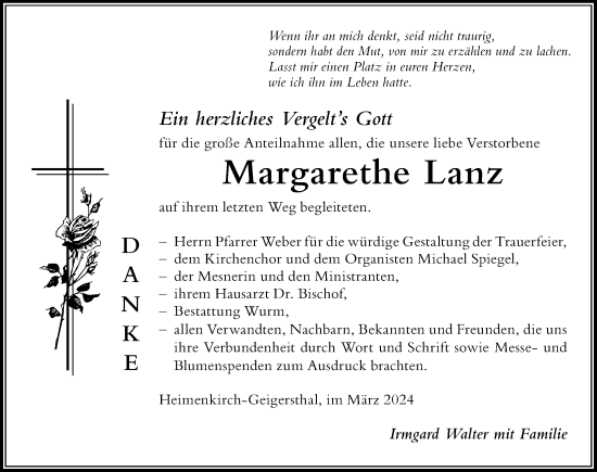 Traueranzeige von Margarethe Lanz von Der Westallgäuer