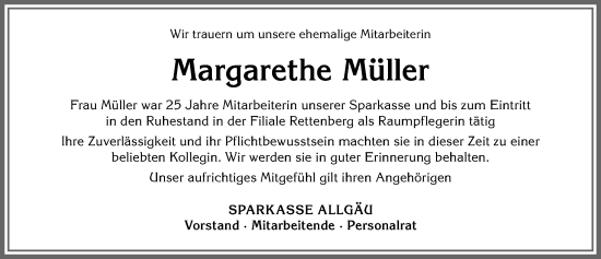 Traueranzeige von Margarethe Müller von Allgäuer Anzeigeblatt