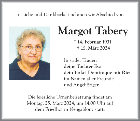 Traueranzeige von Margot Tabery von Allgäuer Zeitung, Kaufbeuren/Buchloe