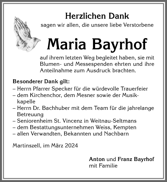 Traueranzeige von Maria Bayrhof von Allgäuer Zeitung,Kempten