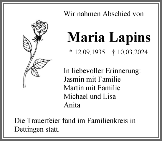 Traueranzeige von Maria Lapins von Memminger Zeitung