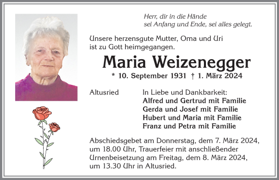 Traueranzeige von Maria Weizenegger von Allgäuer Zeitung,Kempten