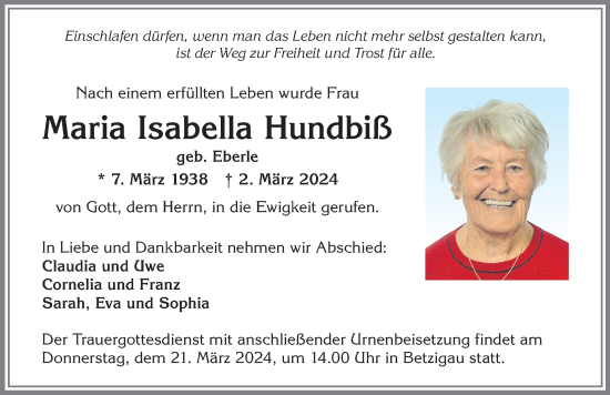 Traueranzeige von Maria Isabella Hundbiß von Allgäuer Zeitung,Kempten