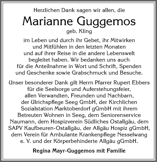 Traueranzeige von Marianne Guggemos von Allgäuer Zeitung, Füssen
