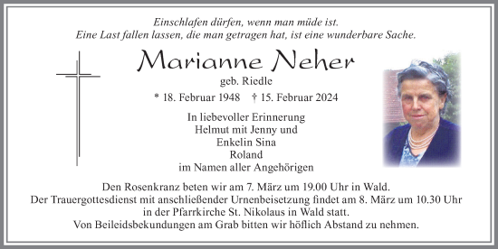 Traueranzeige von Marianne Neher von Allgäuer Zeitung, Marktoberdorf