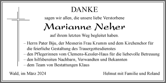 Traueranzeige von Marianne Neher von Allgäuer Zeitung, Marktoberdorf