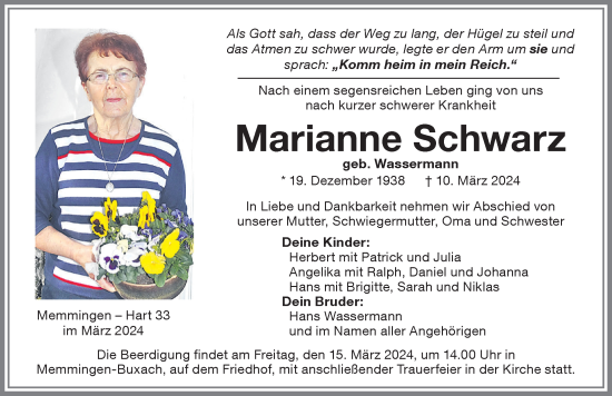 Traueranzeige von Marianne Schwarz von Memminger Zeitung