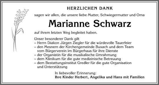 Traueranzeige von Marianne Schwarz von Memminger Zeitung