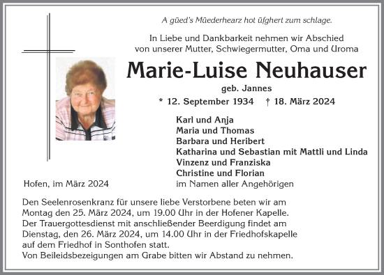 Traueranzeige von Marie-Luise Neuhauser von Allgäuer Anzeigeblatt