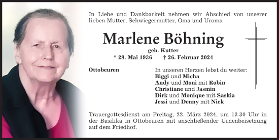 Traueranzeige von Marlene Böhning von Memminger Zeitung