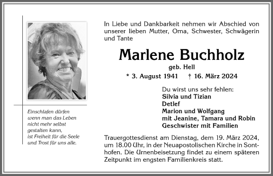 Traueranzeige von Marlene Buchholz von Allgäuer Anzeigeblatt
